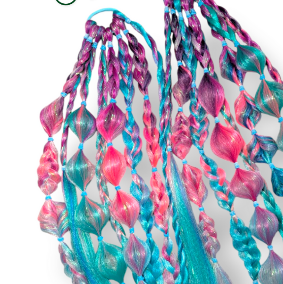 Two colourful tie-in braid hair extensions