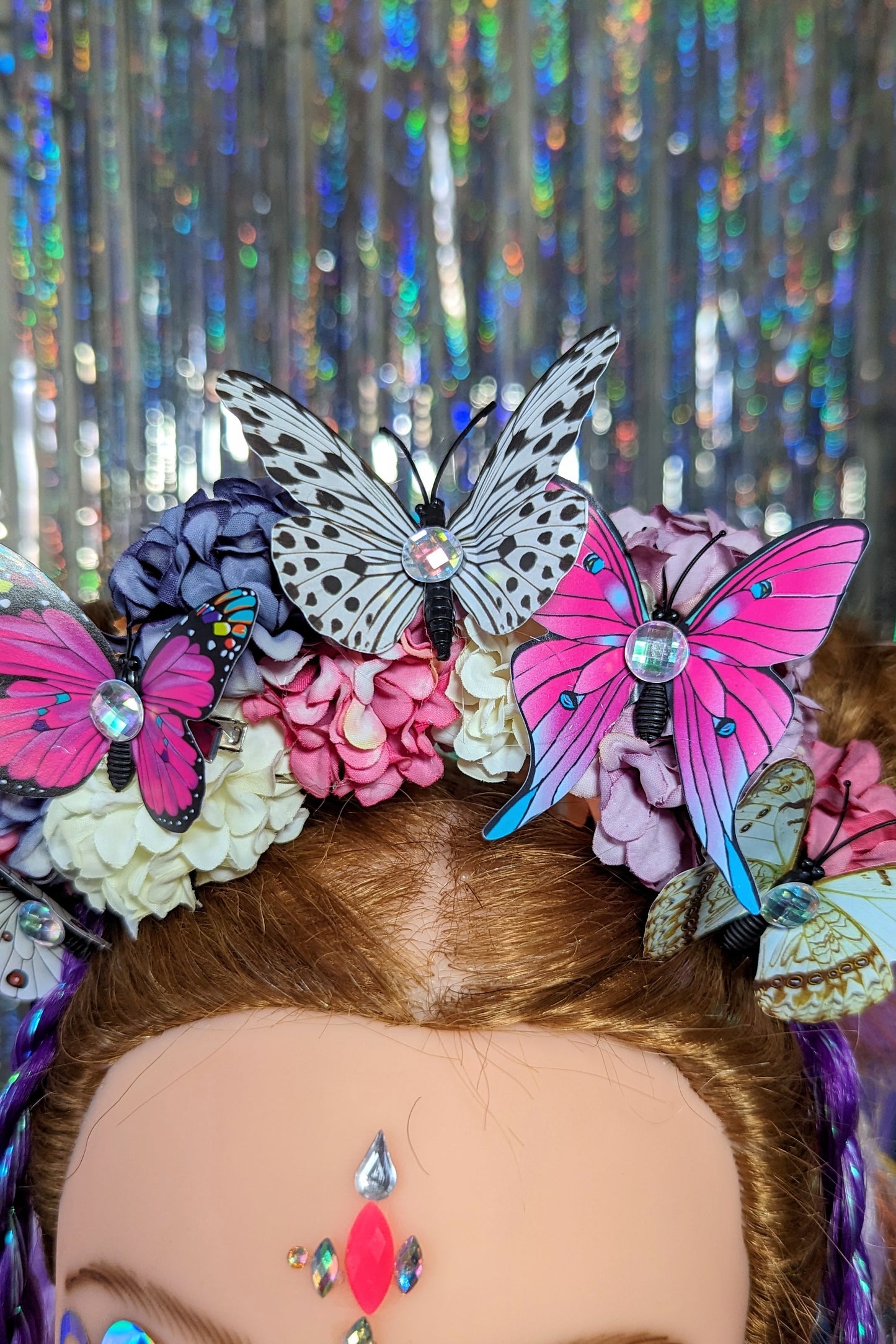 Pom pom Headband - Festival Headdress - Flower Butterfly