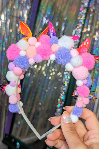 Pom pom Headband - Festival Headdress - Pink Butterfly